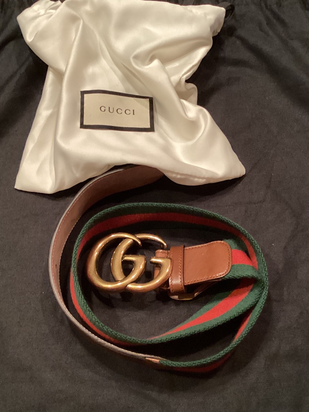 Gucci Green and Red Web Stripe Belt with Gold Double G Buckle